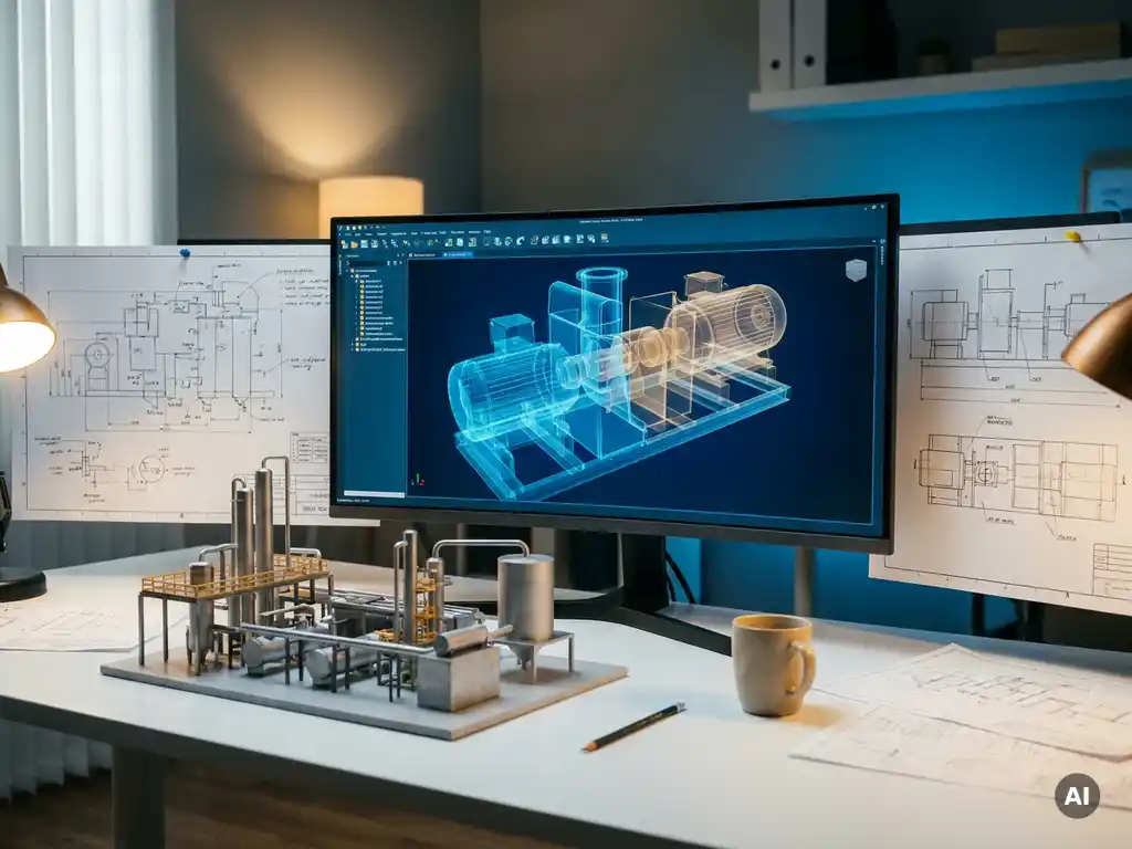 3D-Simulationsplan auf Monitor mit Ingenieurzeichnungen und Industrieanlagenmodell auf weißem Schreibtisch im Ingenieurbüro.
