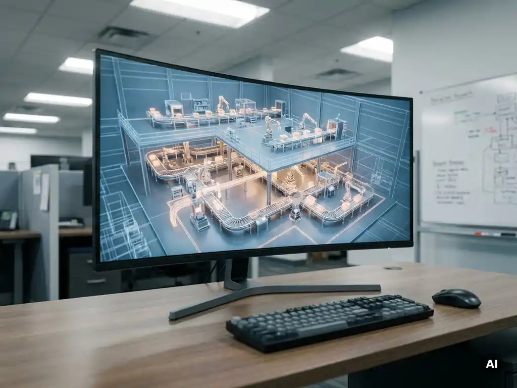 3D-Simulationsmodell einer Industrieanlage auf einem Monitor mit leuchtenden Förderbändern in Bernstein- und Stahlblautönen.