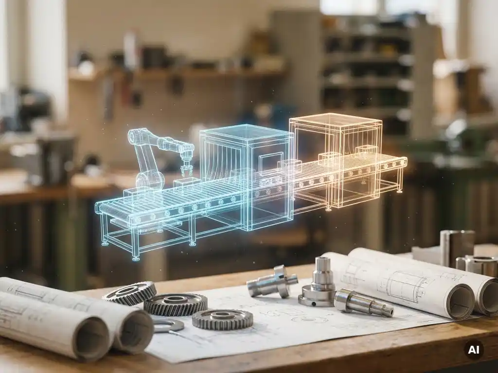 Leuchtendes 3D-Drahtgittermodell einer automatisierten Produktionslinie über einem Ingenieurs-Arbeitsplatz mit technischen Zeichnungen.