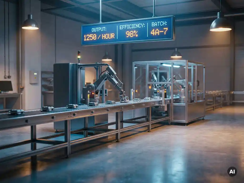 Automatisierte Montagelinie mit Förderband und digitalem Überwachungsmonitor in moderner Industrieanlage mit Betonboden.