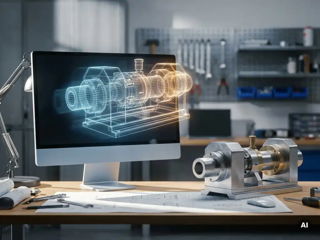 3D-Drahtgittermodell einer Industriemaschine auf einem Engineering-Workstation-Monitor mit physischem Prototyp daneben, Studiobeleuchtung.