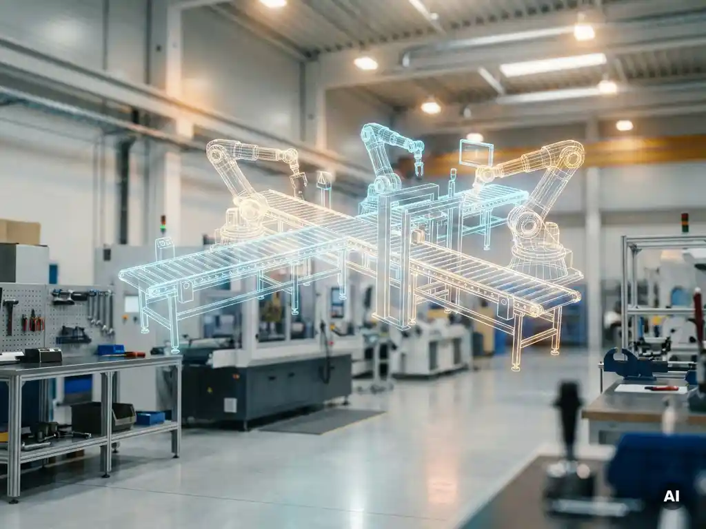 Leuchtendes 3D-Drahtgittermodell einer Fertigungsstraße über einem realen Fabrikboden mit Roboterarmen und Förderbändern in Stahlblau und Bernstein.