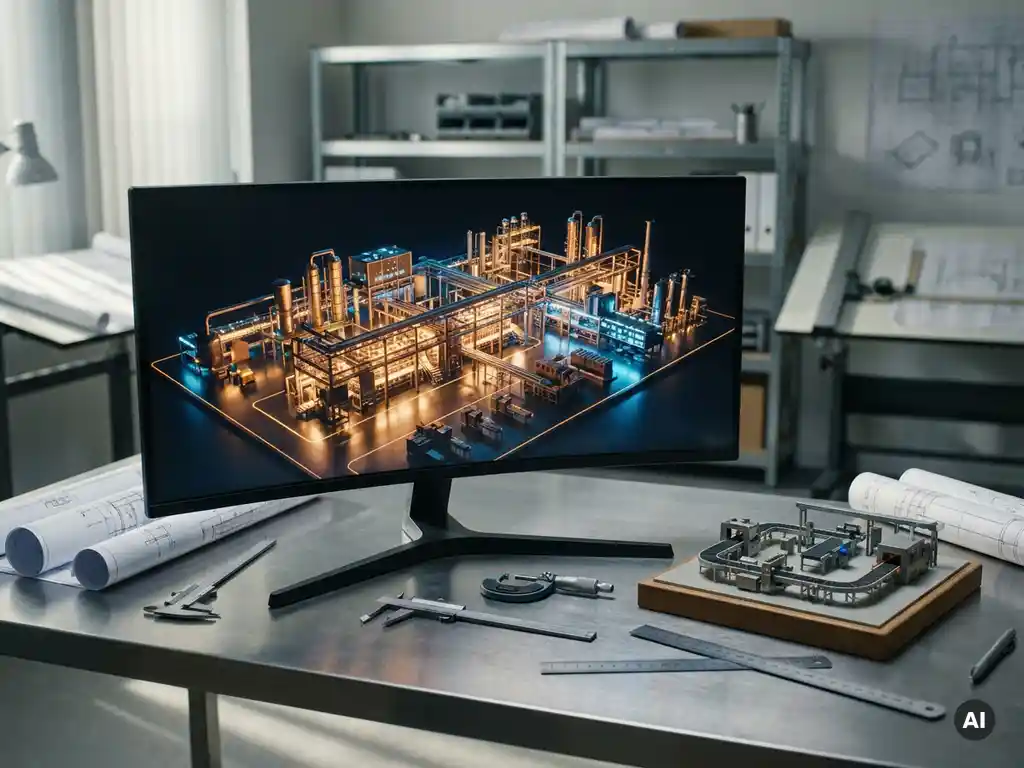 3D-Simulationsmodell einer Industrieanlage auf Monitor, umgeben von Blaupausen und Messwerkzeugen auf Stahltisch mit physischem Fabrikmodell.