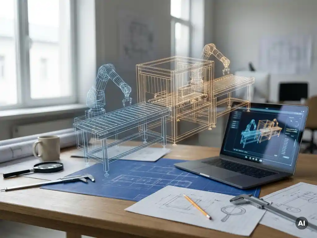 Transluzentes 3D-Drahtgittermodell einer Produktionslinie über technischen Zeichnungen und Laptop mit digitaler Simulation auf Ingenieursschreibtisch.