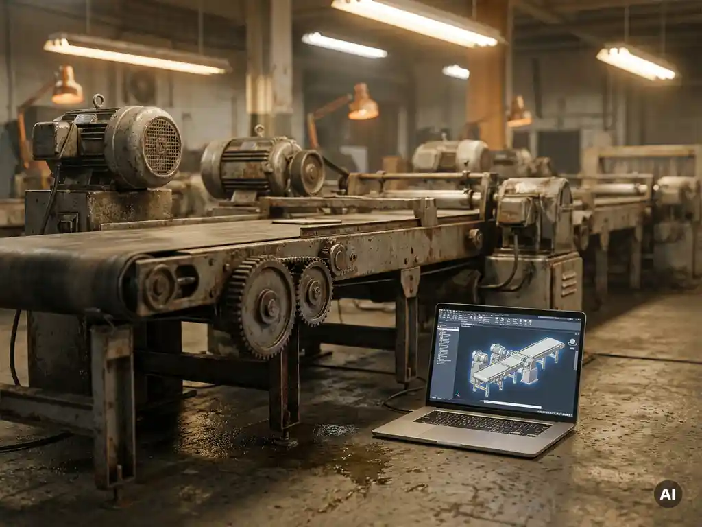 Veraltete Industrieförderanlage in Betrieb neben einem Laptop mit 3D-Simulationsmodell auf dem Fabrikboden.