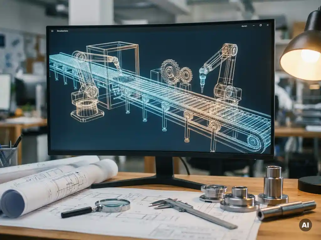 3D-Drahtgittermodell einer industriellen Produktionslinie auf Monitor, technische Blaupausen und Maschinenteile auf Ingenieursschreibtisch.