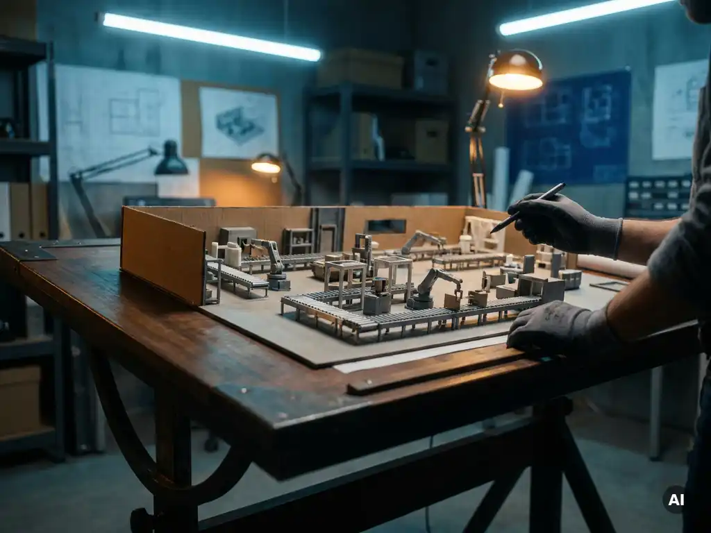 Ingenieur begutachtet detailliertes 3D-Fabrikbodenmodell mit Förderbändern und Roboterarmen auf einem Konstruktionstisch.