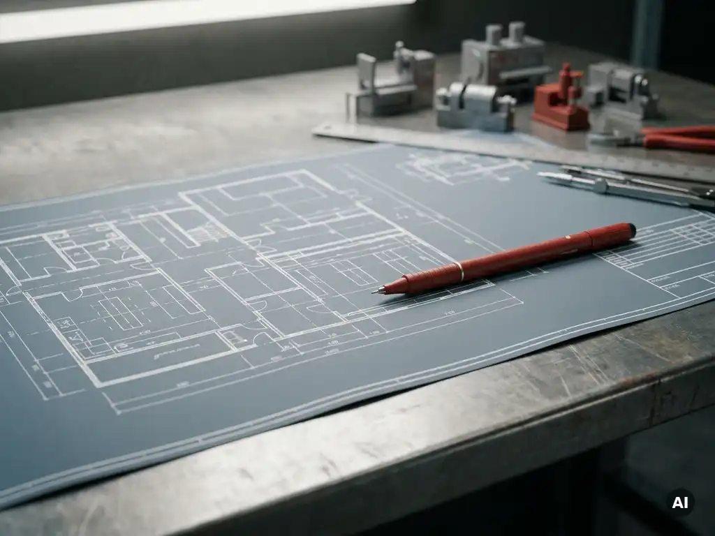 Fabrikhallen-Blaupause auf Stahltisch mit rotem Markierstift und kleinen Industriemaschinenmodellen in kühlem Stahlblau.