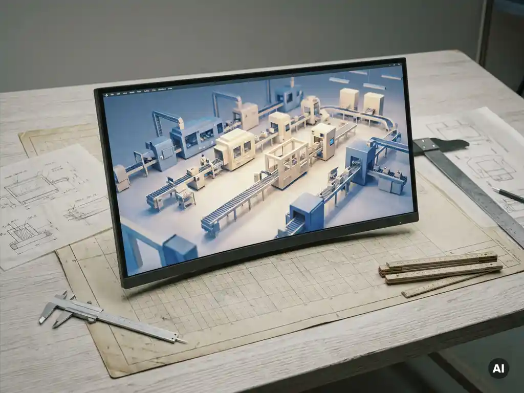 3D-Fabrikmodell auf Ingenieursmonitor, umgeben von technischen Skizzen und Messwerkzeugen auf einem Zeichentisch.