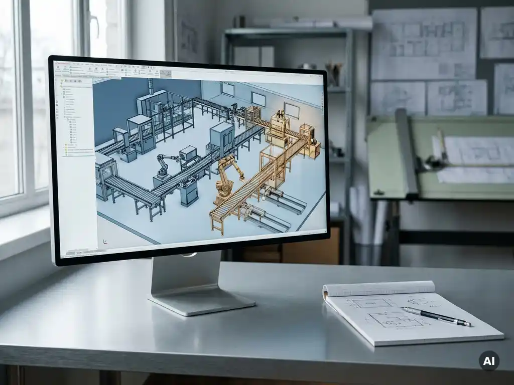 3D-Fabrikmodell mit Fördersystemen und Roboterarmen auf einem Ingenieur-Workstation, technisches Notizbuch daneben.