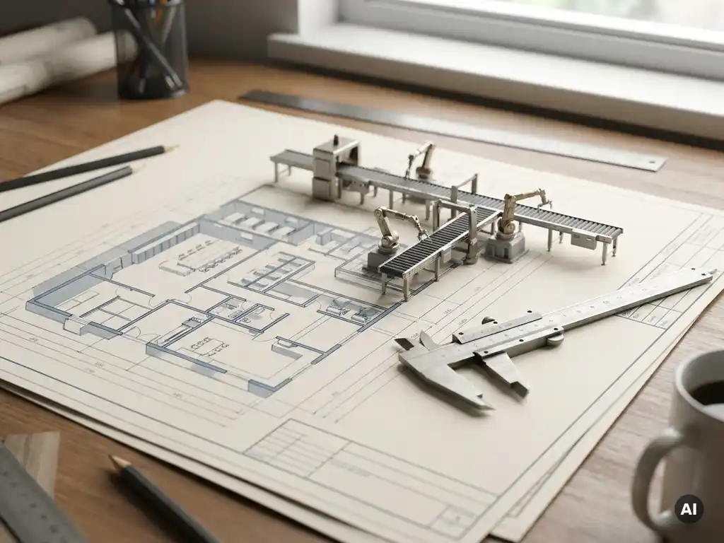 Detaillierter 3D-Fabrikgrundrissentwurf auf Ingenieurtisch mit Produktionslinie-Skalenmodell und Messschieber.