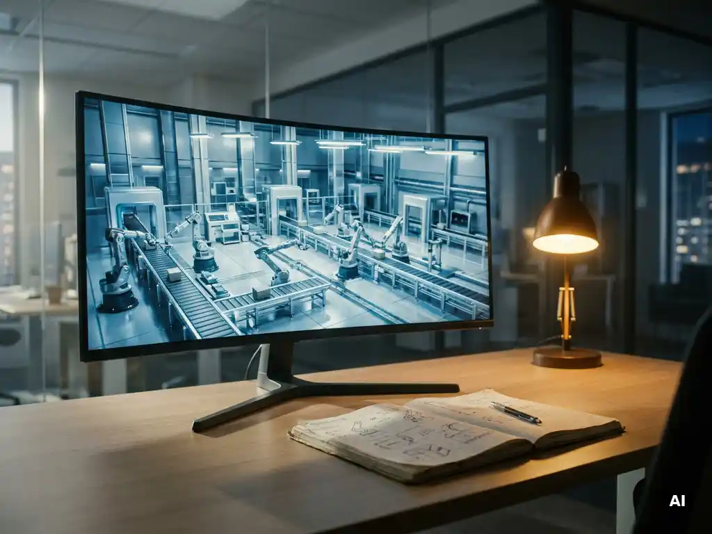 Digitale 3D-Fabriksimulation auf Monitor mit virtuellen Förderbändern und Roboterarmen, Ingenieursnotizbuch und Bleistift daneben.