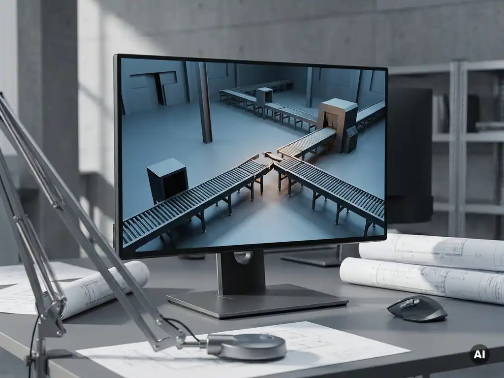 Unvollständiges 3D-Fabrikhallen-Simulationsmodell auf Engineering-Workstation mit fehlausgerichtetem Produktionssegment und technischen Blaupausen.