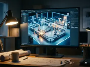 3D-Fabriksimulation auf Monitor zeigt Förderbänder und Roboterarme, technische Zeichnungen auf dem Schreibtisch darunter.