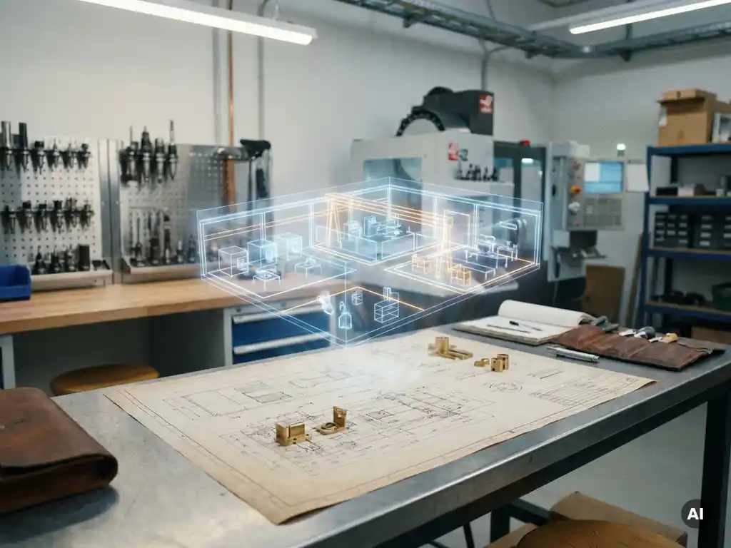 Holografische 3D-Fabriksimulation schwebt über einem Konstruktionsarbeitsplatz mit Blaupause, beleuchtet in Stahlblau und warmem Bernstein.