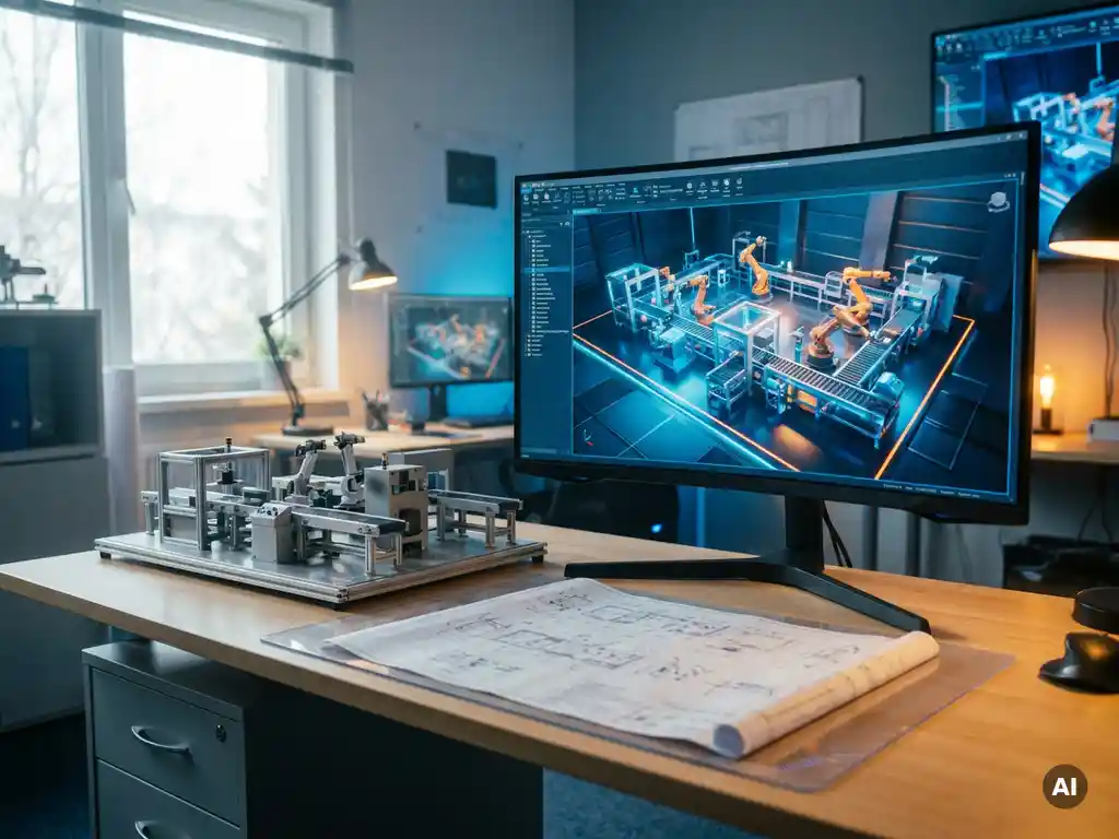 3D-Fabriksimulation auf Monitor neben physischem Produktionslinienmodell auf Engineering-Schreibtisch mit technischen Blaupausen.