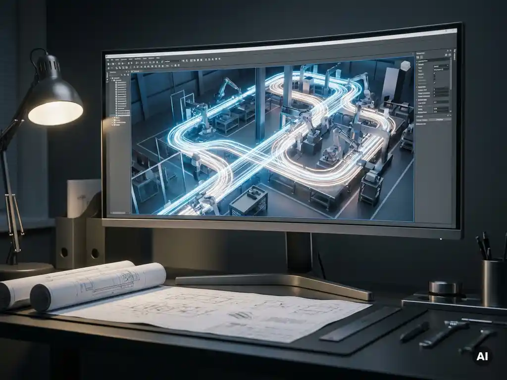 3D-Simulationsmodell eines automatisierten Fabrik-Layouts auf Monitor, mit leuchtenden Roboterarm-Pfaden und technischen Zeichnungen auf dem Schreibtisch.