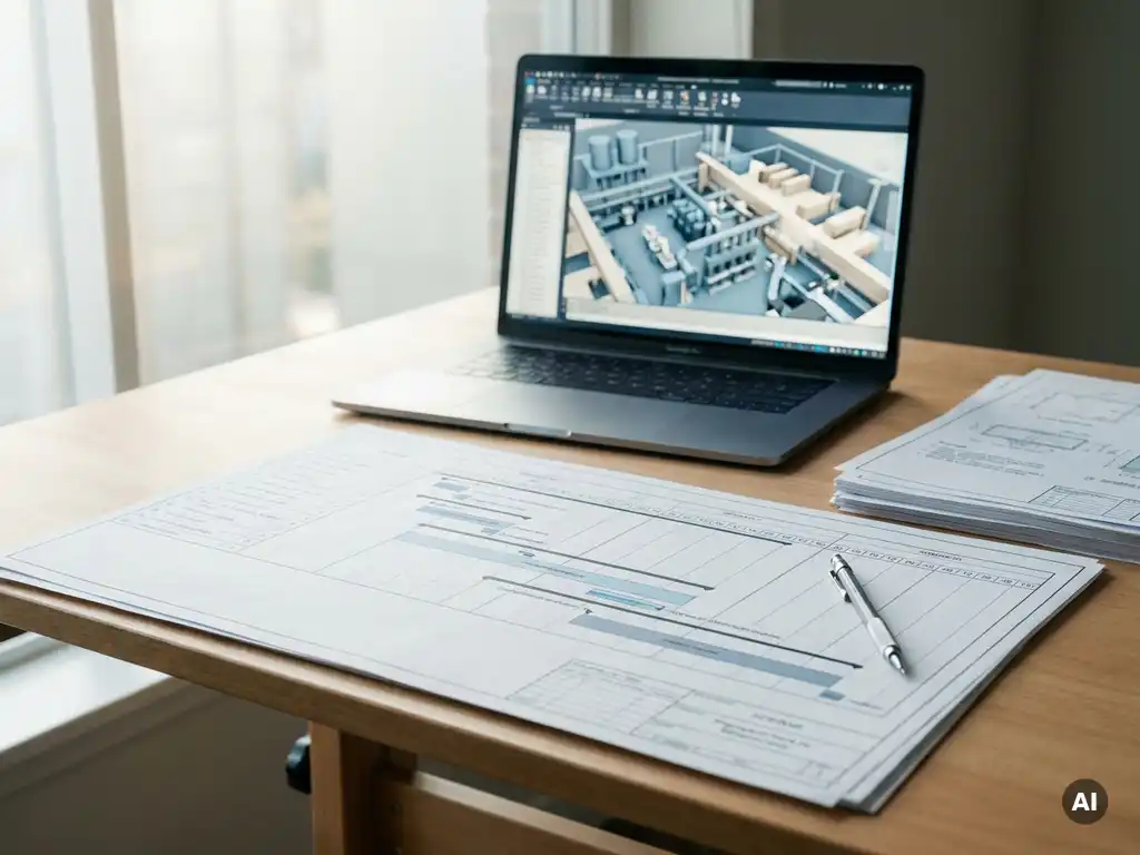 Ingenieur-Zeitplan auf Zeichentisch mit Laptop, der ein 3D-Fabriksimulationsmodell zeigt, Druckbleistift und Projektdokumente.