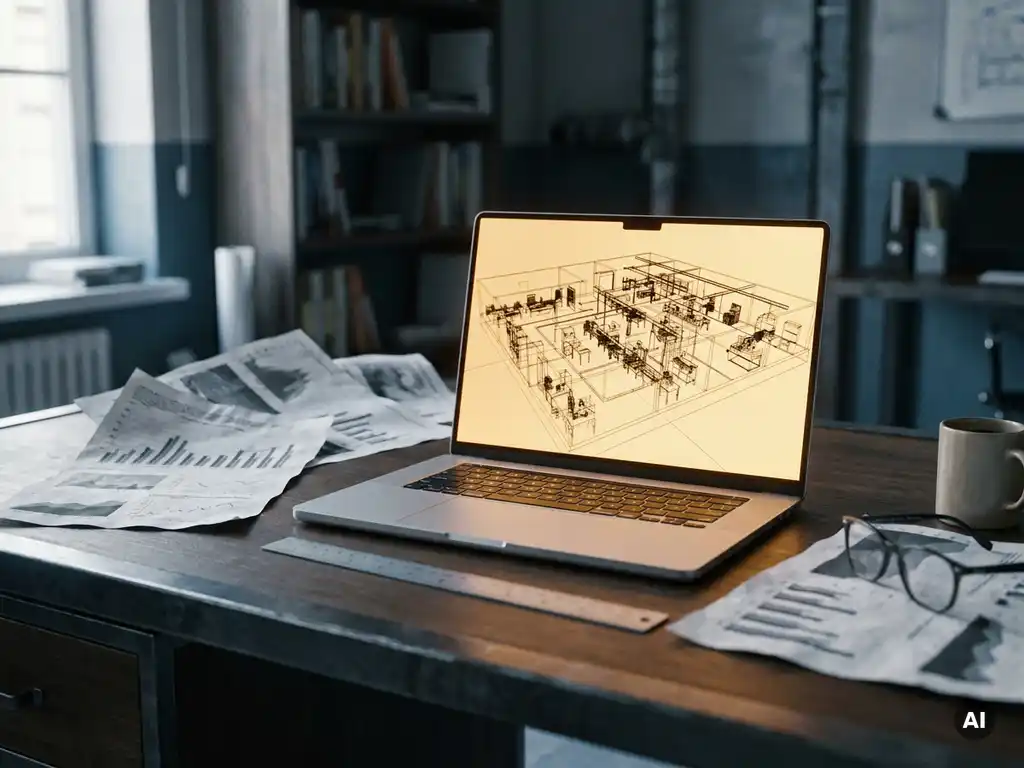 Ingenieur-Schreibtisch mit Laptop, der eine leuchtende 3D-Fabriksimulation zeigt, umgeben von Leistungsmetriken und einem Stahllineal.
