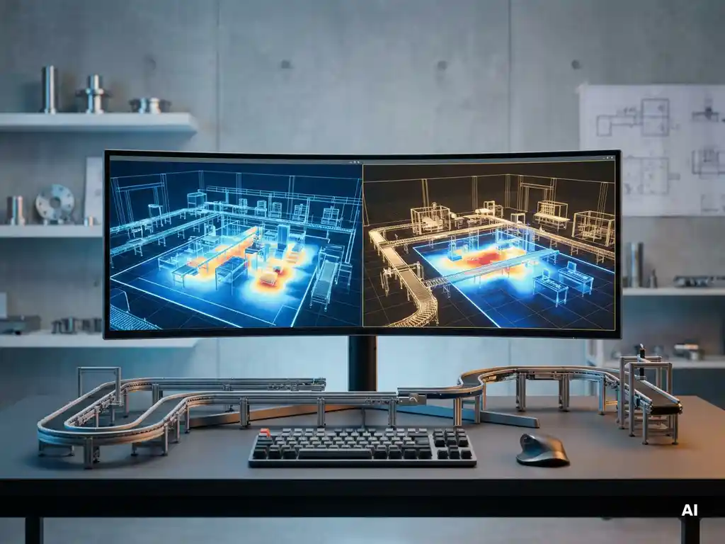 Ingenieur-Workstation mit zwei leuchtenden 3D-Fabriksimulationen auf einem Monitor und Miniatur-Fördersystemmodellen auf dem Schreibtisch.