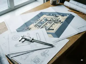 3D-Fabrikbodenblaupause auf einem Ingenieurtisch mit digitalem Messschieber auf Maschinenschemazeichnungen, kühles Tageslicht.