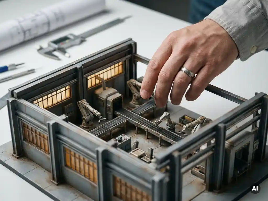 Miniatur-Fabrikmodell mit Fließbändern und Roboterarmen auf weißem Ingenieurtisch, Hand eines Ingenieurs schwebt darüber.