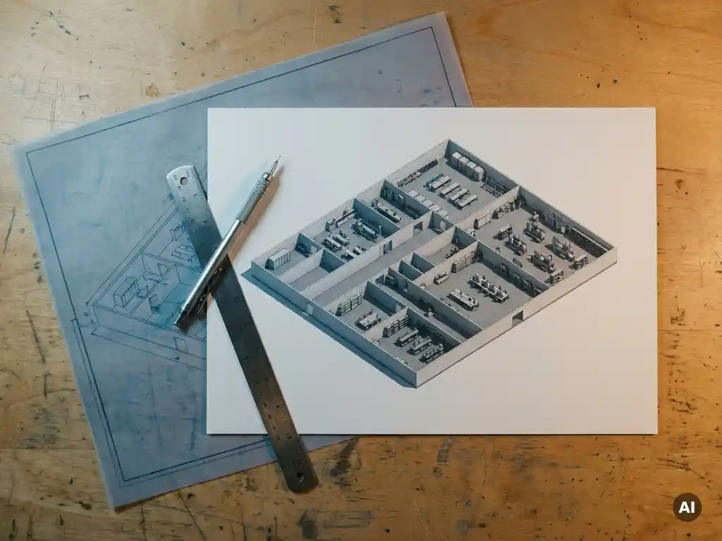3D-Fabrikgrundriss auf mattem Papier mit transparentem Blaupausen-Overlay, Druckbleistift und Stahllineal, Draufsicht.