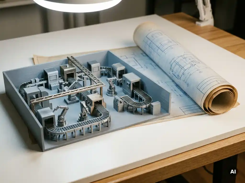 Detailliertes 3D-gedrucktes Fabrikhallen-Modell mit Förderbändern neben gerolltem Bauplan auf weißem Zeichentisch.