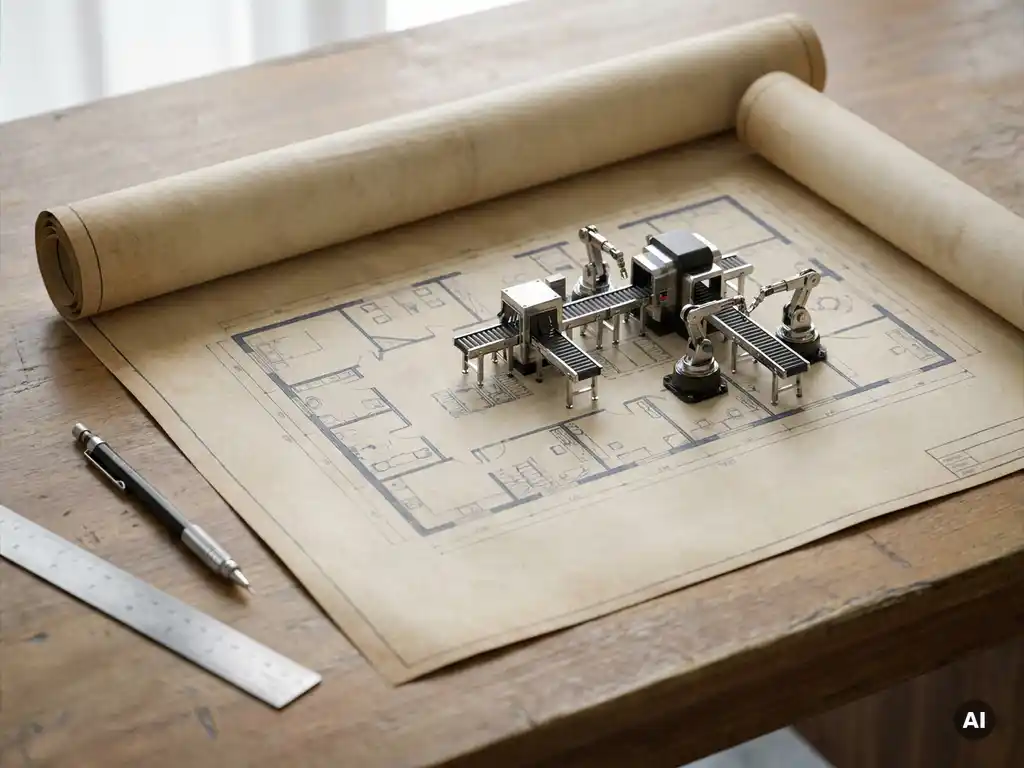 3D-Fabrikbodenblaupause auf einem Ingenieurtisch mit Skalenmodell einer automatisierten Produktionslinie, Druckbleistift und Stahllineal.