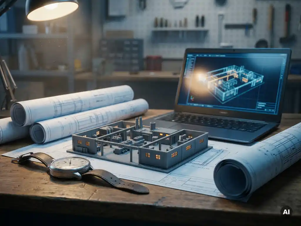 Ingenieurschreibtisch mit 3D-gedrucktem Fabrikhallen-Modell, Stoppuhr, technischen Blaupausen und Laptop mit Simulations-Wireframe.
