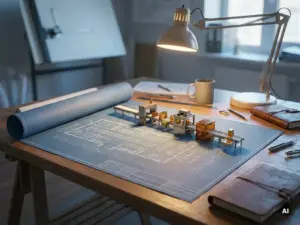 Detaillierter 3D-Fabrikgrundplan auf Ingenieurtisch mit maßstabsgetreuem Modell einer industriellen Produktionslinie.