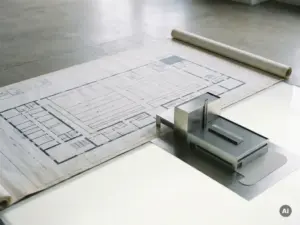 Industrieller Grundriss-Blueprint auf Betonboden mit präzisem Architekturmodell einer Produktionshalle in Schiefer- und Grautönen.