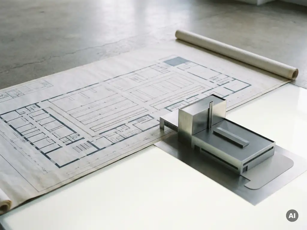 Industrieller Grundriss-Blueprint auf Betonboden mit präzisem Architekturmodell einer Produktionshalle in Schiefer- und Grautönen.