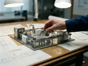 Ingenieur justiert einen miniaturisierten Roboterarm an einem Montagelinien-Maßstabsmodell auf einem Zeichentisch mit technischen Skizzen.