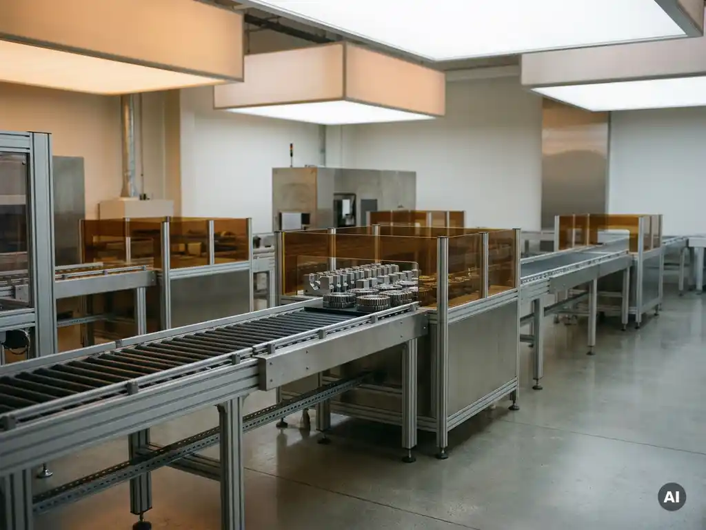 Industrielle Förderbandanlage mit Pufferstationen und sortierten Metallteilen auf modernem Fabrikboden in Stahl- und Bernsteintönen.