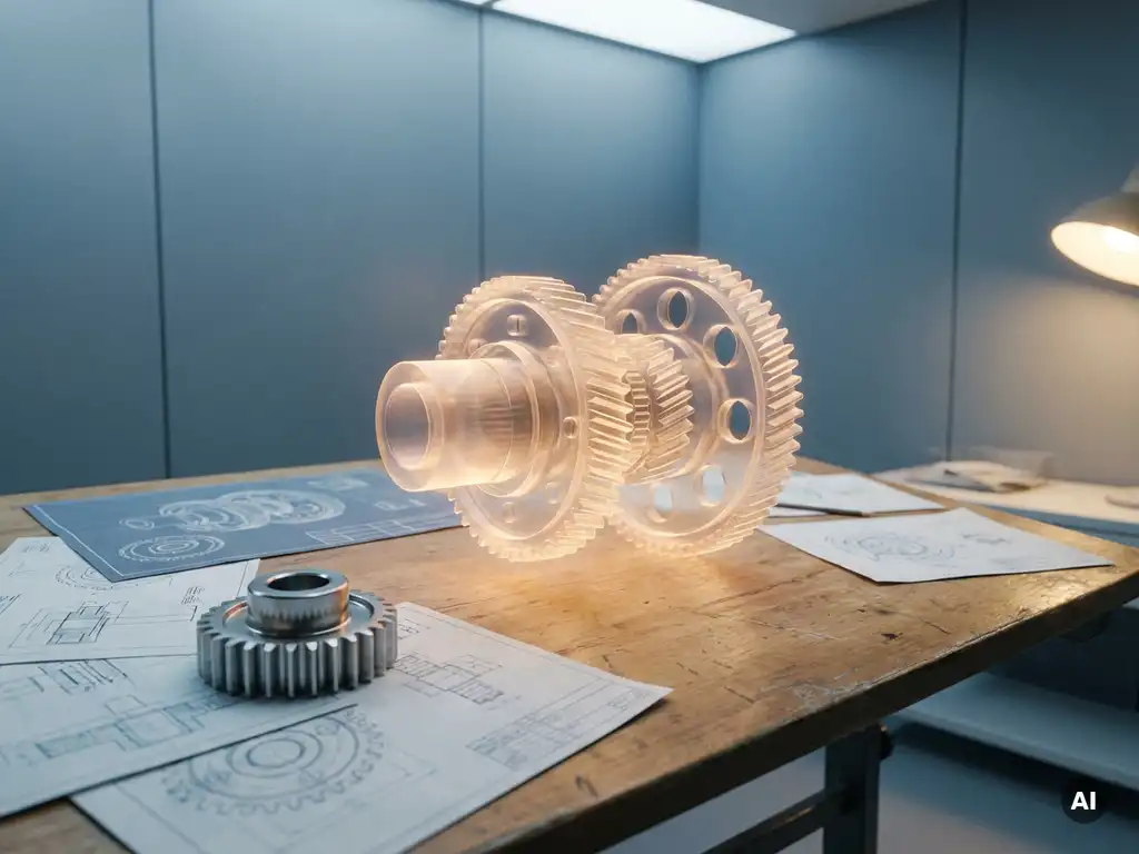 3D-Simulationsmodell einer Industriemaschine auf einem Zeichentisch, umgeben von technischen Skizzen und einem mechanischen Bauteil.