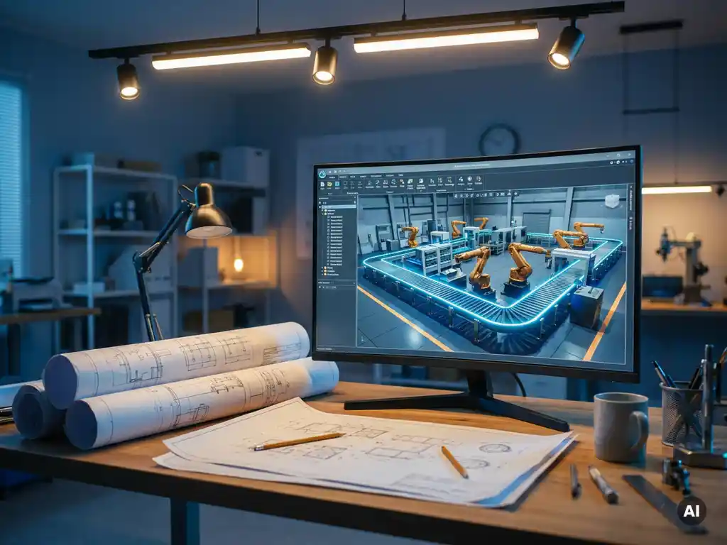 3D-Simulationsmodell einer Industrieanlage mit Förderbändern und Roboterarmen auf einem Monitor, technische Zeichnungen auf dem Schreibtisch.