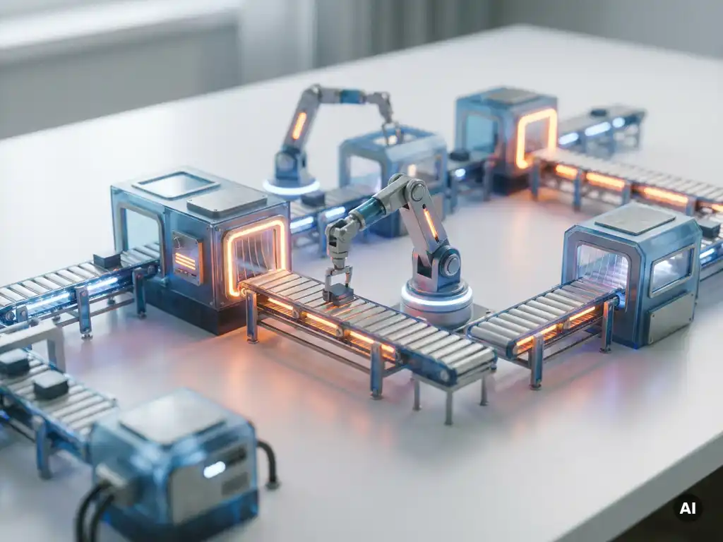 Leuchtendes 3D-Simulationsmodell einer industriellen Produktionslinie mit Fördersegmenten und Roboterarmen auf weißem Ingenieurtisch.