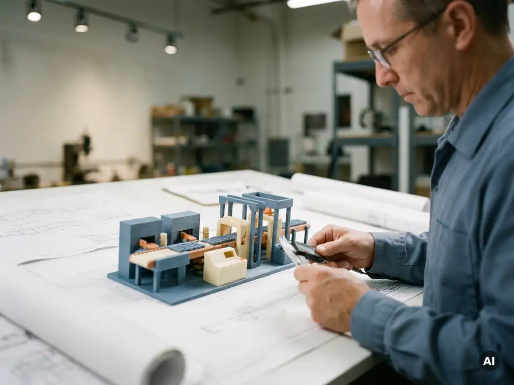 Präzisionsingenieur analysiert 3D-gedruckten Prototyp einer Produktionslinie auf weißem Zeichentisch mit technischen Schaltplänen.