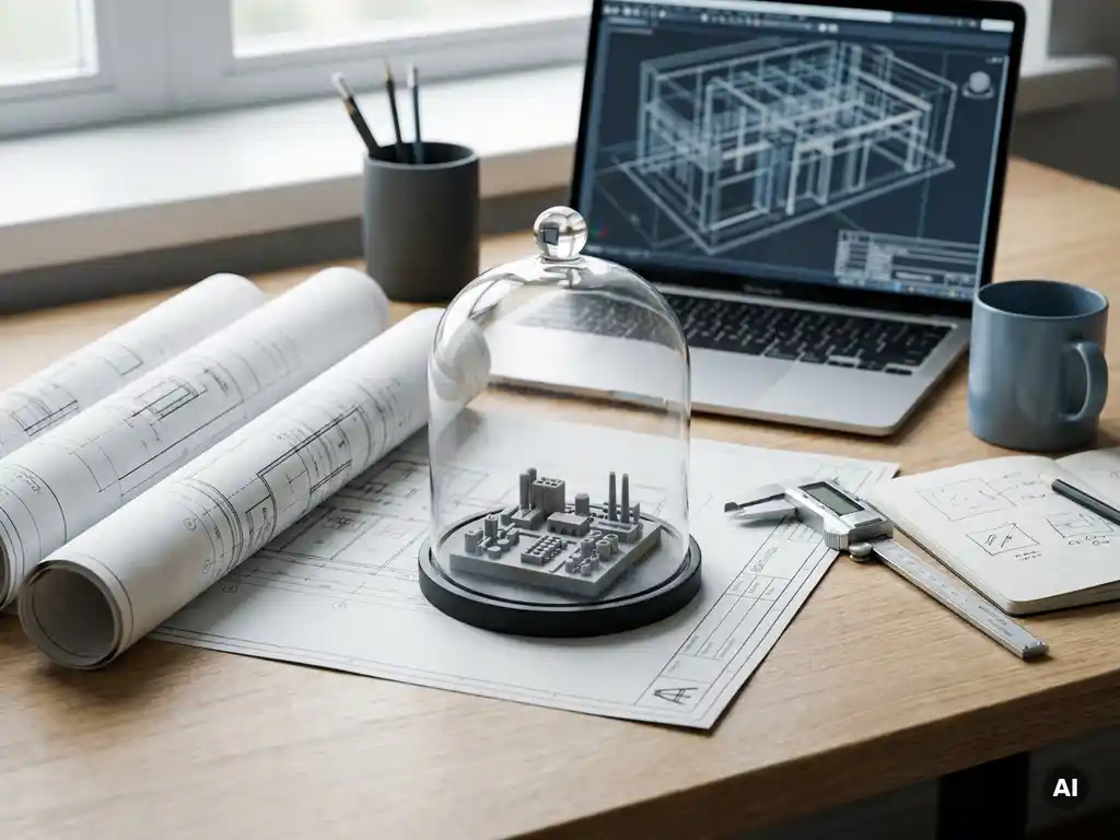 Ingenieurschreibtisch mit technischen Zeichnungen, digitalem Messschieber und 3D-gedrucktem Fabrikmodell, Laptop mit Drahtgittersimulation im Hintergrund.