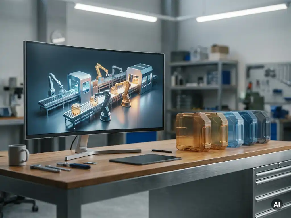 Ingenieur-Workstation mit leuchtendem 3D-Simulationsmodell einer Industriemontageanlage und transluzenten Produktvarianten in präziser Anordnung.