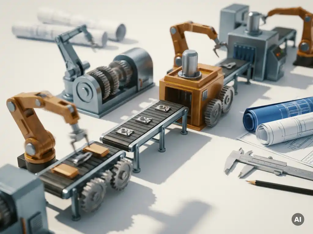 Miniatur-Fabrikanlage mit gestopptem Förderbandsegment auf weißem Ingenieurtisch, technische Schaltpläne daneben, Stahl- und Bernsteintöne.