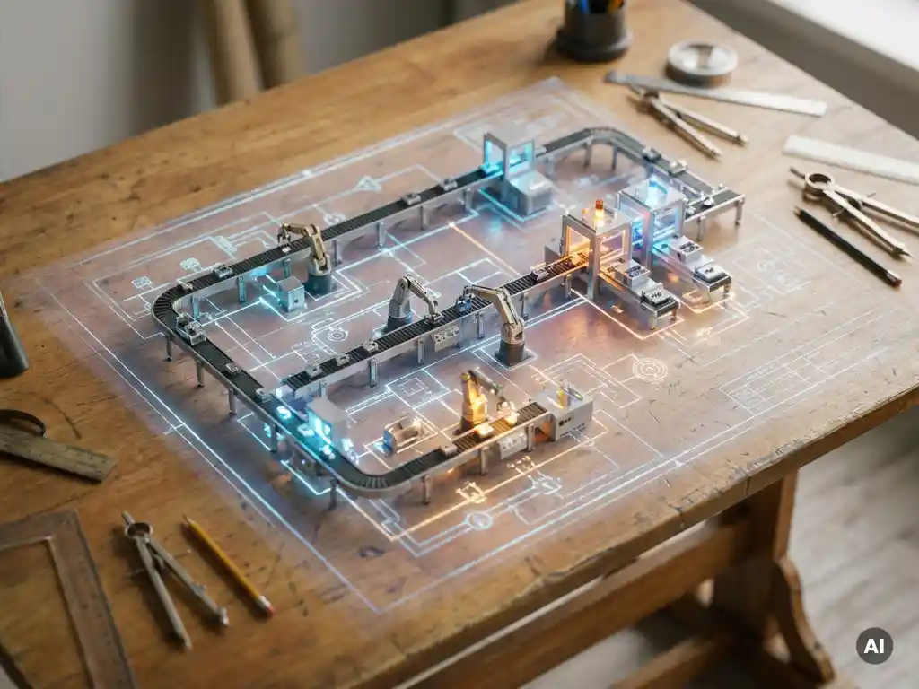 Miniatur-Fabrikanlage mit Förderbändern und Roboterarmen auf einem Konstruktionstisch, überlagert von einem digitalen Blaupausen-Projektion.