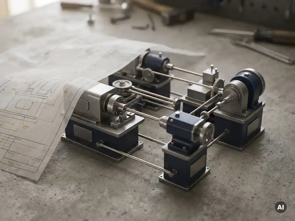 Miniatur-Industriemaschinen in präziser Formation auf Betonoberfläche, verbunden durch Metallstäbe, mit transparenter Blaupause.