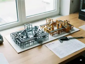 Zwei detaillierte Maßstabsmodelle industrieller Produktionslayouts auf einem Ingenieurschreibtisch mit Messinstrument und Bewertungsmatrix.