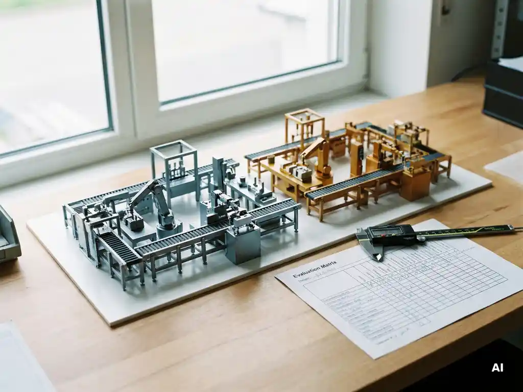Zwei detaillierte Maßstabsmodelle industrieller Produktionslayouts auf einem Ingenieurschreibtisch mit Messinstrument und Bewertungsmatrix.