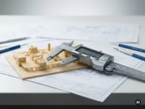 Präzisionsmessschieber auf einem 3D-gedruckten Fabrikhallen-Layoutmodell, umgeben von technischen Zeichnungen auf weißem Reißbrett.