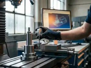 Handschuhbekleidete Hand eines Zerspanungsmechanikers justiert Fräsmaschinen-Setup, im Hintergrund 3D-Simulationsmonitor.