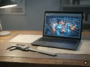 Präzisionsmessschieber neben Laptop mit 3D-Fabriksimulation auf Zeichentisch mit technischen Skizzen, in Stahlblau und Amber.