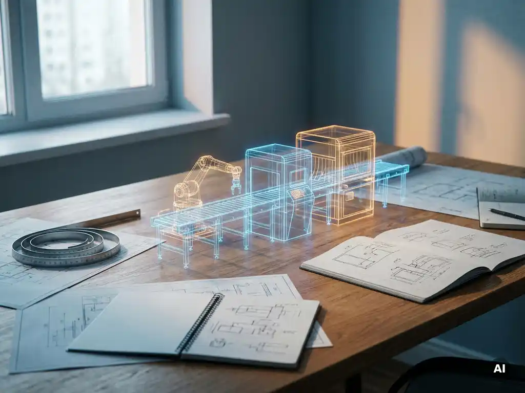 3D-Drahtgittermodell einer Produktionslinie auf einem Ingenieursschreibtisch mit technischen Dokumenten und Stahllineal im Tageslicht.